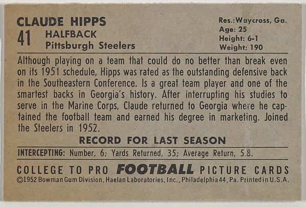 Claude Hipps, University of Georgia, from the Bowman Football series (R407-4) issued by Bowman Gum, Issued by Bowman Gum Company, Commercial color lithograph