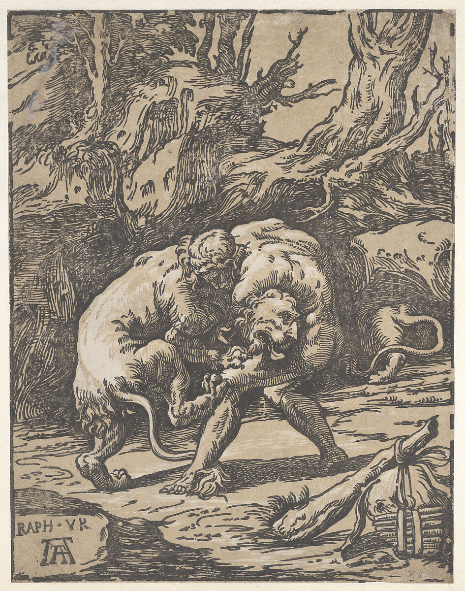 Hercules and the Nemean Lion, Niccolò Vicentino (Italian, active ca. 1510–ca. 1550), Chiaroscuro woodcut from two blocks in green (state ii) 