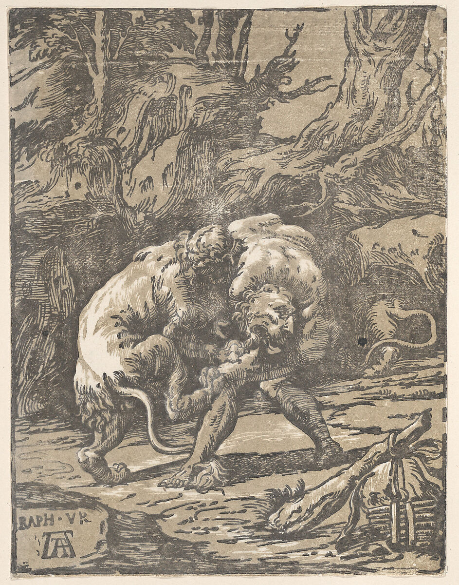 Hercules and the Nemean Lion, Niccolò Vicentino (Italian, active ca. 1510–ca. 1550), Chiaroscuro woodcut from two blocks in green (state ii) 