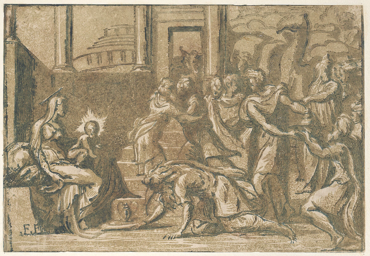 The Adoration of the Magi, ?Attributed to Niccolò Vicentino (Italian, active ca. 1510–ca. 1550), Chiaroscuro woodcut from three blocks in green-brown 