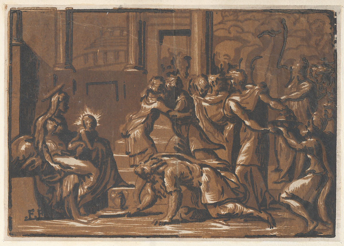 The Adoration of the Magi, Attributed to Niccolò Vicentino (Italian, active ca. 1510–ca. 1550), Chiaroscuro woodcut from three blocks in brown 