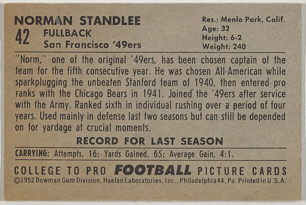 Norm Standlee, from the Bowman Football series (R407-4) issued by Bowman Gum, Issued by Bowman Gum Company, Commercial color lithograph