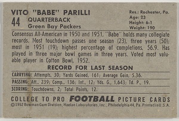 Vito "Babe" Parilli, University of Kentucky, from the Bowman Football series (R407-4) issued by Bowman Gum, Issued by Bowman Gum Company, Commercial color lithograph
