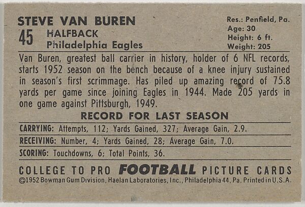 Steve Van Buren, from the Bowman Football series (R407-4) issued by Bowman Gum, Issued by Bowman Gum Company, Commercial color lithograph