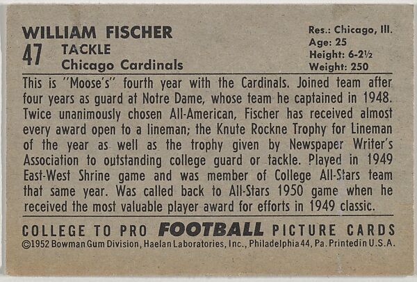 William Fischer, from the Bowman Football series (R407-4) issued by Bowman Gum, Issued by Bowman Gum Company, Commercial color lithograph