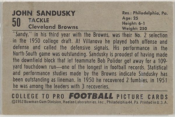 John Sandusky, from the Bowman Football series (R407-4) issued by Bowman Gum, Issued by Bowman Gum Company, Commercial color lithograph