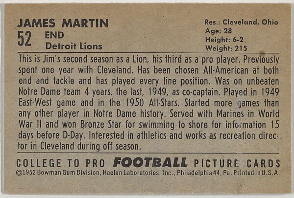 James Martin, from the Bowman Football series (R407-4) issued by Bowman Gum, Issued by Bowman Gum Company, Commercial color lithograph