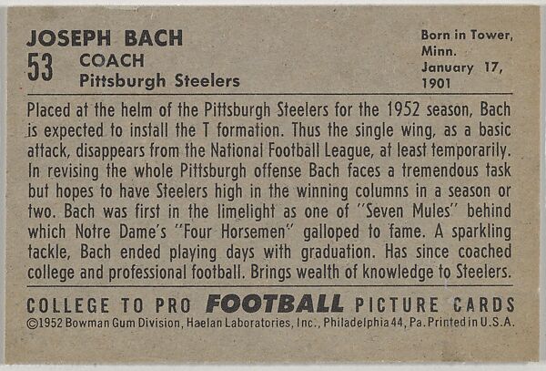 Joseph Bach, from the Bowman Football series (R407-4) issued by Bowman Gum, Issued by Bowman Gum Company, Commercial color lithograph