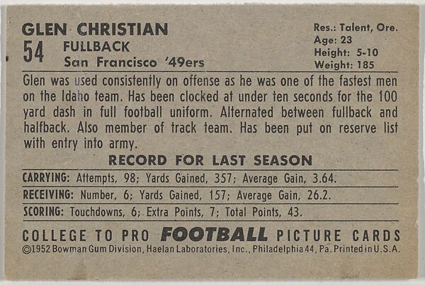 Glen Christian, University of Idaho, from the Bowman Football series (R407-4) issued by Bowman Gum, Issued by Bowman Gum Company, Commercial color lithograph