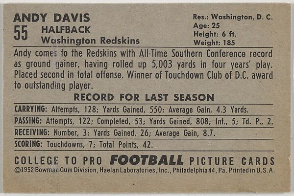 Andy Davis, George Washington University, from the Bowman Football series (R407-4) issued by Bowman Gum, Issued by Bowman Gum Company, Commercial color lithograph
