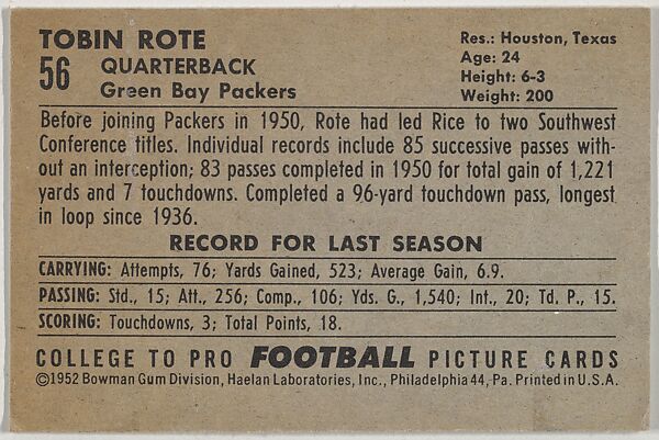 Tobin Rote, from the Bowman Football series (R407-4) issued by Bowman Gum, Issued by Bowman Gum Company, Commercial color lithograph