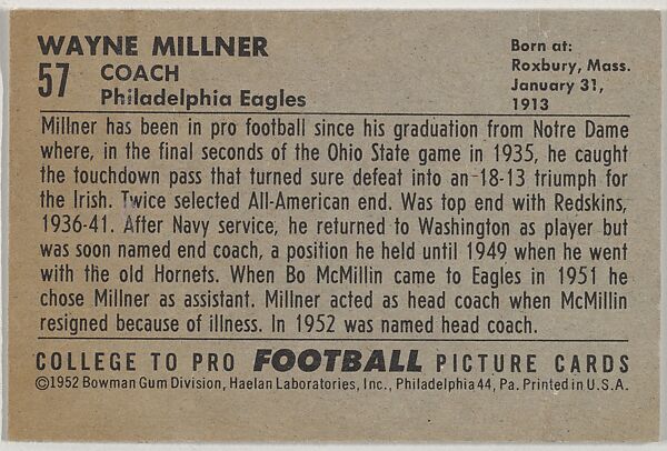 Wayne V. Millner, from the Bowman Football series (R407-4) issued by Bowman Gum, Issued by Bowman Gum Company, Commercial color lithograph