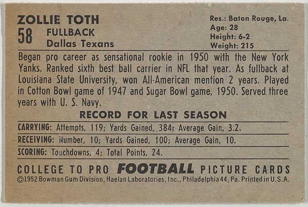Zollie Toth, from the Bowman Football series (R407-4) issued by Bowman Gum, Issued by Bowman Gum Company, Commercial color lithograph