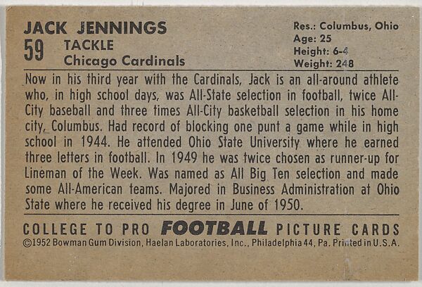 Jack Jennings, from the Bowman Football series (R407-4) issued by Bowman Gum, Issued by Bowman Gum Company, Commercial color lithograph