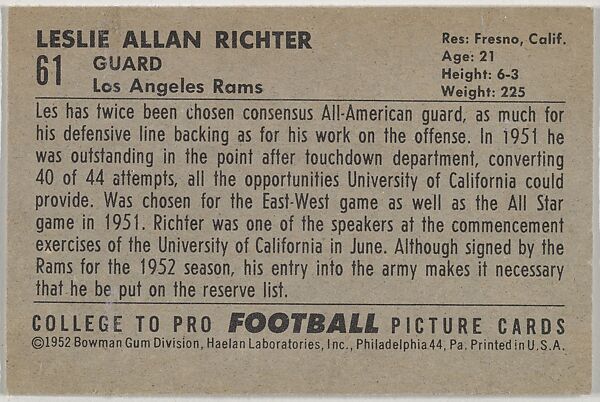 Leslie Richter, University of California, from the Bowman Football series (R407-4) issued by Bowman Gum, Issued by Bowman Gum Company, Commercial color lithograph