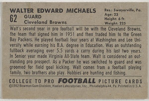 Walter Michaels, from the Bowman Football series (R407-4) issued by Bowman Gum, Issued by Bowman Gum Company, Commercial color lithograph