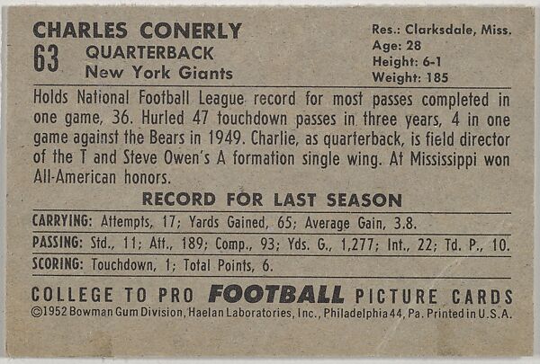 Charley Conerly, from the Bowman Football series (R407-4) issued by Bowman Gum, Issued by Bowman Gum Company, Commercial color lithograph