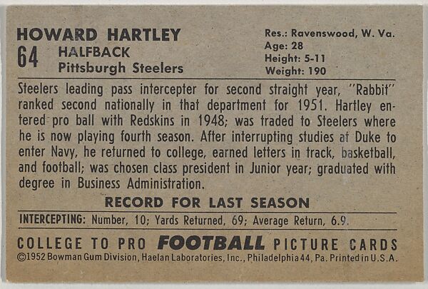 Howard Hartley, from the Bowman Football series (R407-4) issued by Bowman Gum, Issued by Bowman Gum Company, Commercial color lithograph