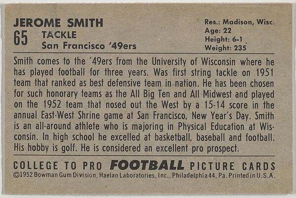 Jerome Smith, University of Wisconsin, from the Bowman Football series (R407-4) issued by Bowman Gum, Issued by Bowman Gum Company, Commercial color lithograph