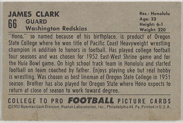 Jim Clark, Oregon State, from the Bowman Football series (R407-4) issued by Bowman Gum, Issued by Bowman Gum Company, Commercial color lithograph