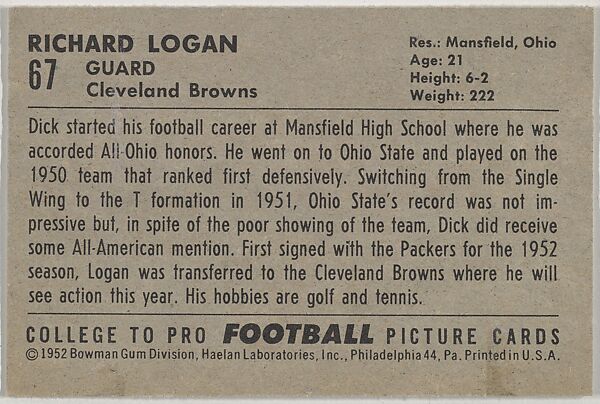 Richard Logan, Ohio State, from the Bowman Football series (R407-4) issued by Bowman Gum, Issued by Bowman Gum Company, Commercial color lithograph