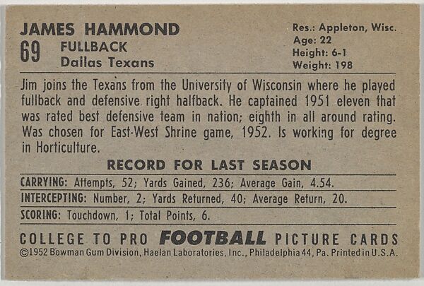 James Hammond, University of Wisconsin, from the Bowman Football series (R407-4) issued by Bowman Gum, Issued by Bowman Gum Company, Commercial color lithograph