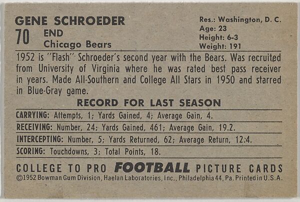 Gene Schroeder, from the Bowman Football series (R407-4) issued by Bowman Gum, Issued by Bowman Gum Company, Commercial color lithograph