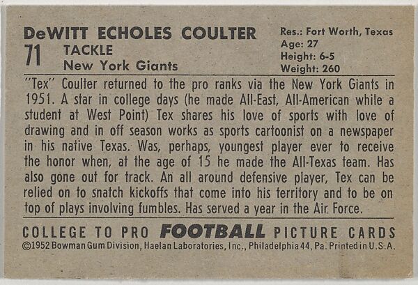 De Witt "Tex" Coulter, from the Bowman Football series (R407-4) issued by Bowman Gum, Issued by Bowman Gum Company, Commercial color lithograph