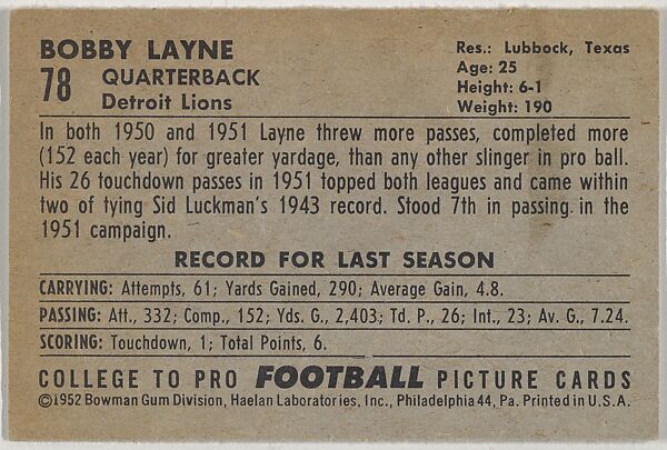 Bobby Layne, Detroit Lions, from the Bowman Football series (R407-4) issued by Bowman Gum, Issued by Bowman Gum Company, Commercial color lithograph