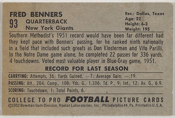 Fred Benners, Southern Methodist, from the Bowman Football series (R407-4) issued by Bowman Gum, Issued by Bowman Gum Company, Commercial color lithograph