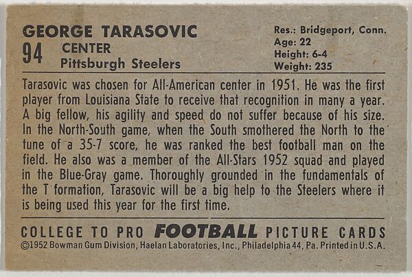 George Tarasovic, Louisiana State University, from the Bowman Football series (R407-4) issued by Bowman Gum, Issued by Bowman Gum Company, Commercial color lithograph
