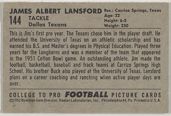 Jim Lansford, University of Texas, from the Bowman Football series (R407-4) issued by Bowman Gum, Issued by Bowman Gum Company, Commercial color lithograph