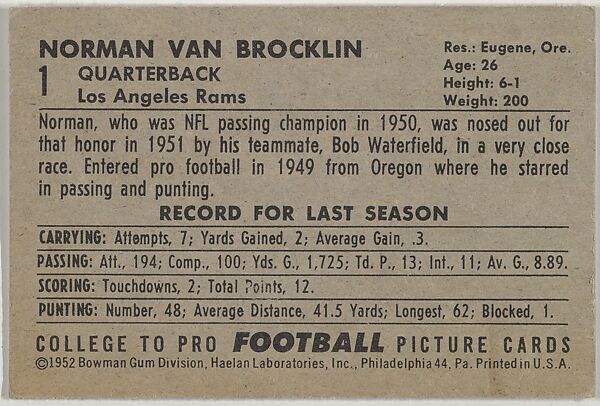 Norman Van Brocklin, from the Bowman Football series (R407-4) issued by Bowman Gum, Issued by Bowman Gum Company, Commercial color lithograph