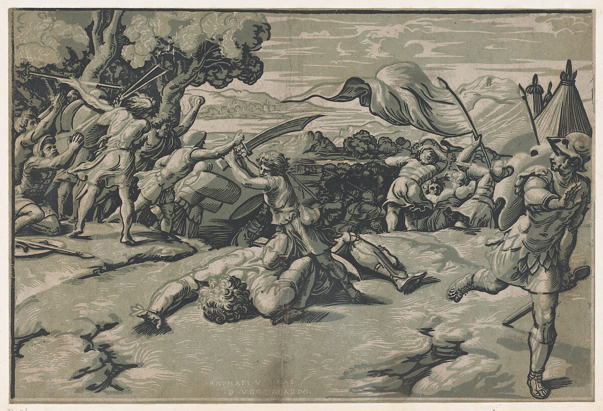 David and Goliath, Ugo da Carpi (Italian, Carpi ca. 1480–1532 Bologna), Chiaroscuro woodcut from three blocks in green 