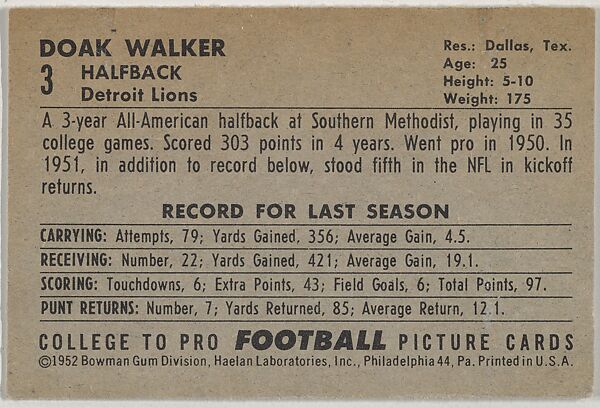 Doak Walker, from the Bowman Football series (R407-4) issued by Bowman Gum, Issued by Bowman Gum Company, Commercial color lithograph