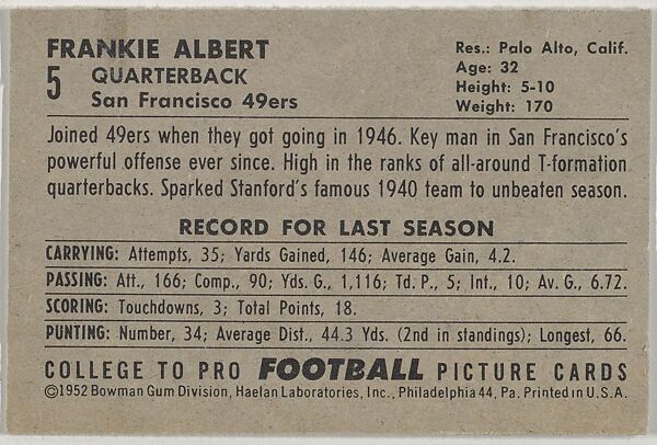 Frankie Albert, from the Bowman Football series (R407-4) issued by Bowman Gum, Issued by Bowman Gum Company, Commercial color lithograph