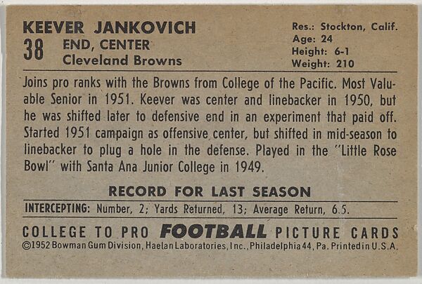 Keever Jankovich, College of the Pacific, from the Bowman Football series (R407-4) issued by Bowman Gum, Issued by Bowman Gum Company, Commercial color lithograph