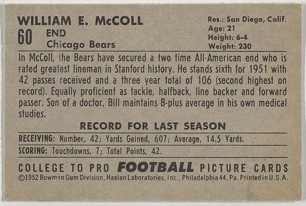 William McColl, Stanford,  from the Bowman Football series (R407-4) issued by Bowman Gum, Issued by Bowman Gum Company, Commercial color lithograph