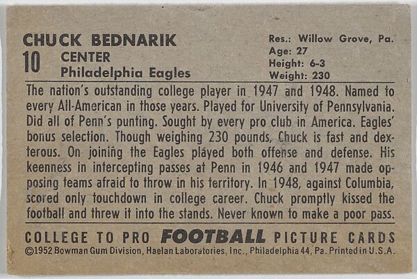 Chuck Bednarik, from the Bowman Football series (R407-4) issued by Bowman Gum, Issued by Bowman Gum Company, Commercial color lithograph