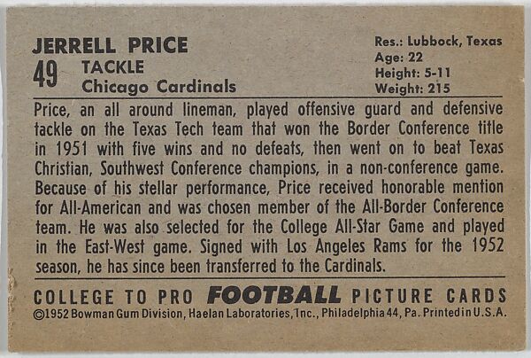 Jerrell Price, Texas Tech., from the Bowman Football series (R407-4) issued by Bowman Gum, Issued by Bowman Gum Company, Commercial color lithograph