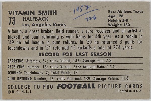 Vitamin Smith, Los Angeles Rams, from the Bowman Football series (R407-4) issued by Bowman Gum, Issued by Bowman Gum Company, Commercial color lithograph