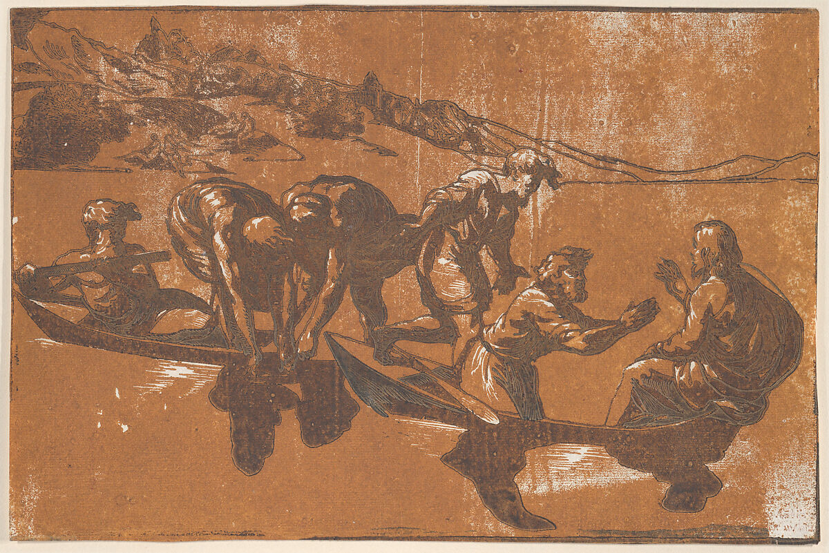 The Miraculous Draught of Fishes, Niccolò Vicentino (Italian, active ca. 1510–ca. 1550), Chiaroscuro woodcut from three blocks in brown 
