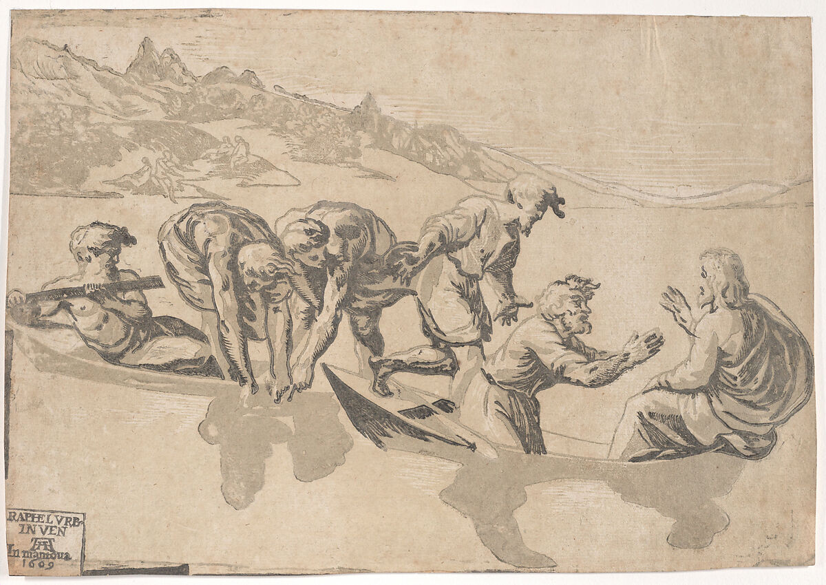 The Miraculous Draught of Fishes, Niccolò Vicentino (Italian, active ca. 1510–ca. 1550), Chiaroscuro woodcut from three blocks in pale green (state iii/iii) 