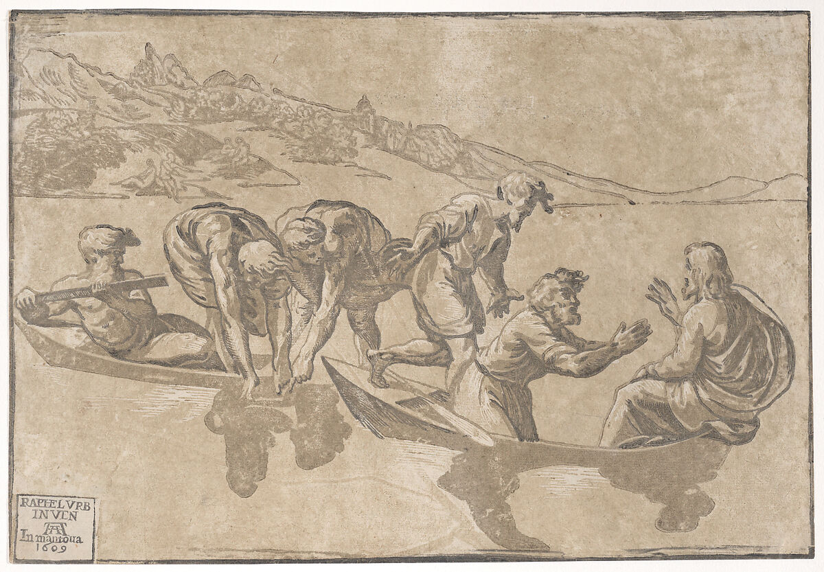 The Miraculous Draught of Fishes, Niccolò Vicentino (Italian, active ca. 1510–ca. 1550), Chiaroscuro woodcut from three blocks in pale green (state iii/iii) 