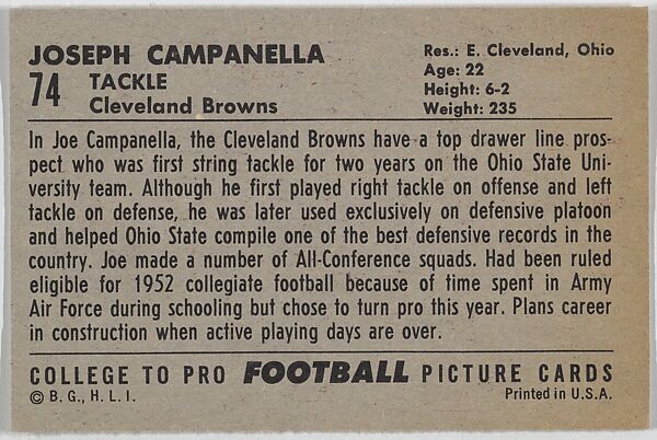 Joe Campanella, Ohio State University, from the Bowman Football series (R407-4) issued by Bowman Gum, Issued by Bowman Gum Company, Commercial color lithograph
