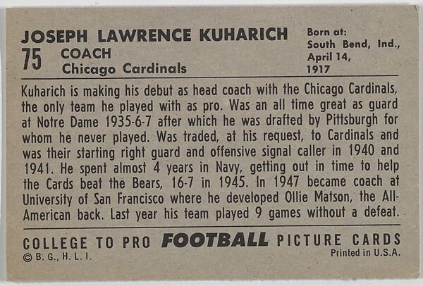 Joseph Kuharich, Chicago Cardinals, from the Bowman Football series (R407-4) issued by Bowman Gum, Issued by Bowman Gum Company, Commercial color lithograph