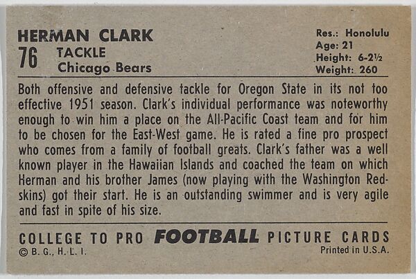 Herman Clark, Oregon State University, from the Bowman Football series (R407-4) issued by Bowman Gum, Issued by Bowman Gum Company, Commercial color lithograph