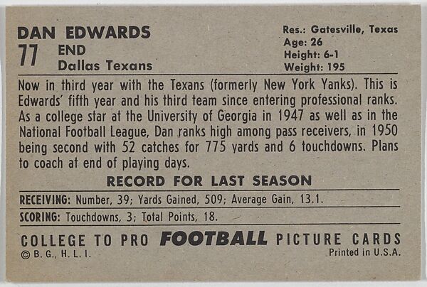 Dan Edwards, Dallas Texans, from the Bowman Football series (R407-4) issued by Bowman Gum, Issued by Bowman Gum Company, Commercial color lithograph