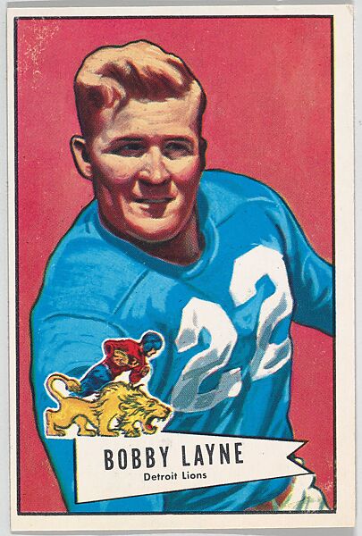 Bobby Layne, Detroit Lions, from the Bowman Football series (R407-4) issued by Bowman Gum, Issued by Bowman Gum Company, Commercial color lithograph 