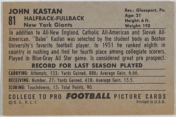 John Kastan, Boston University, from the Bowman Football series (R407-4) issued by Bowman Gum, Issued by Bowman Gum Company, Commercial color lithograph